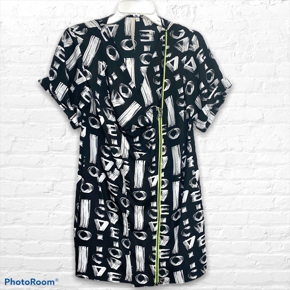 Rachel Roy Printed Mini Dress Neon Zip Detail Short Sleeve XXS